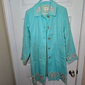 J. Jill 100% Linen Embroidered Duster Jacket Turquoise Aqua Blue Women's Size XS